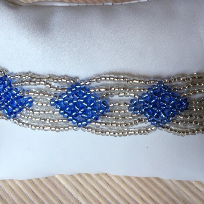 Bracelet croisillons en rocailles argenté et bleu