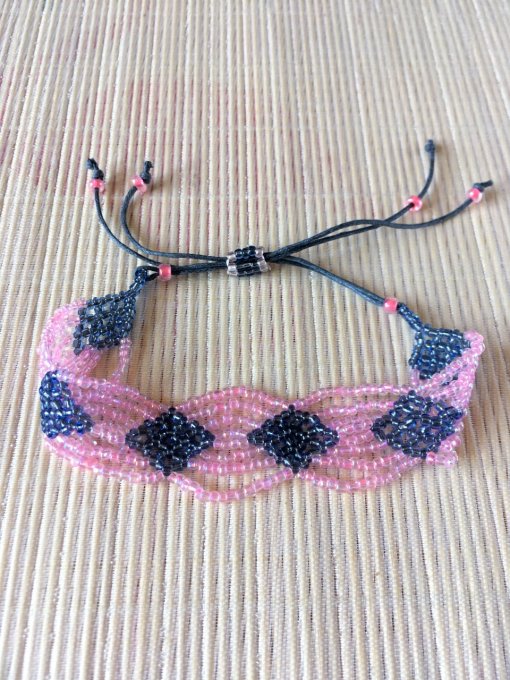 Bracelet croisillons en rocailles rose et bleu