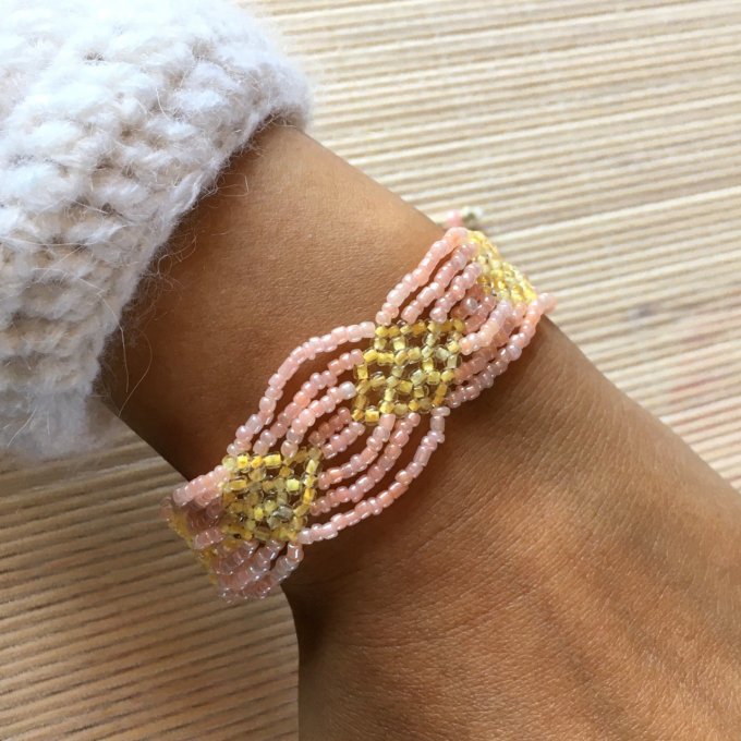 Bracelet croisillons en rocailles jaune et saumon