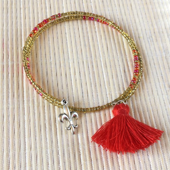 Bracelet circulaire en perles de rocailles doré et rouge, fleur de lys