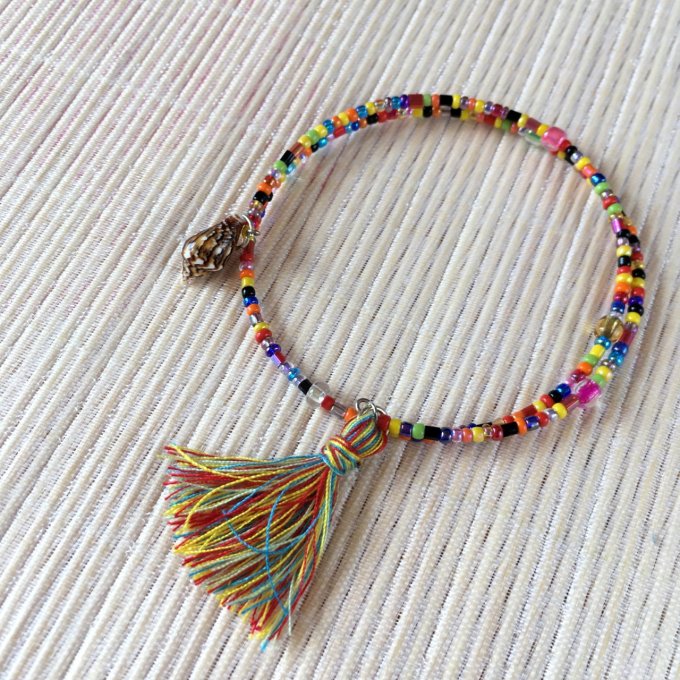 Bracelet circulaire en perles de rocailles multicolore, coquillage