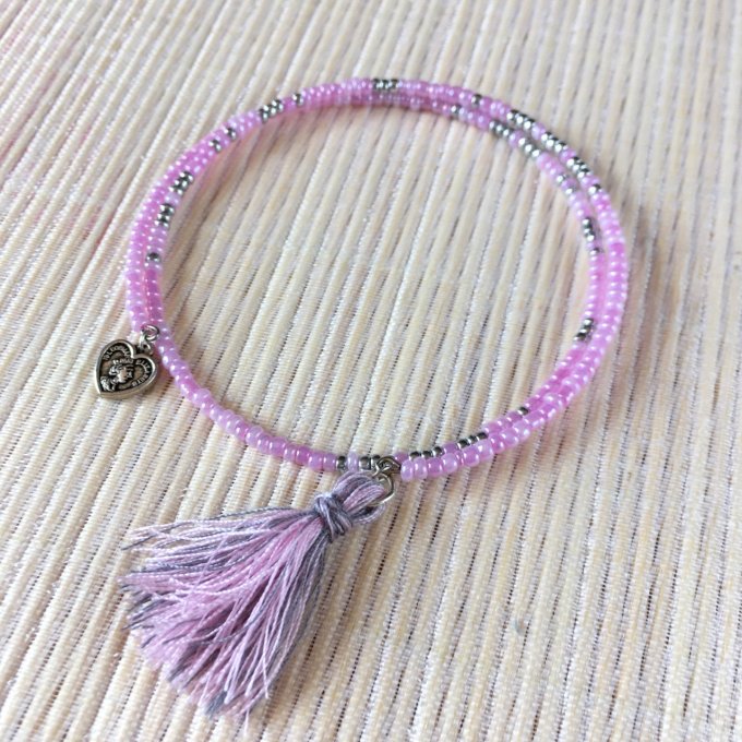 Bracelet circulaire en perles de rocailles rose et argent, code morse, cœur