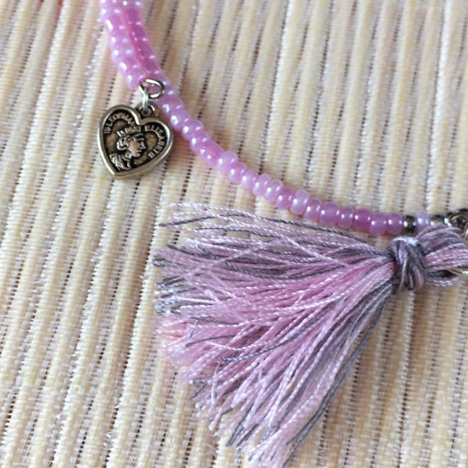 Bracelet circulaire en perles de rocailles rose et argent, code morse, cœur