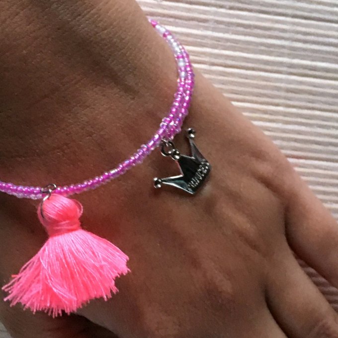 Bracelet circulaire en perles de rocailles rose et blanc, couronne