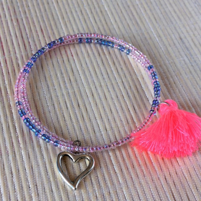 Bracelet circulaire en perles de rocailles rose et bleu, cœur