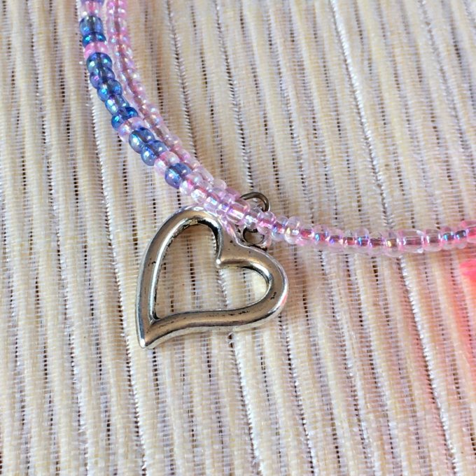 Bracelet circulaire en perles de rocailles rose et bleu, cœur