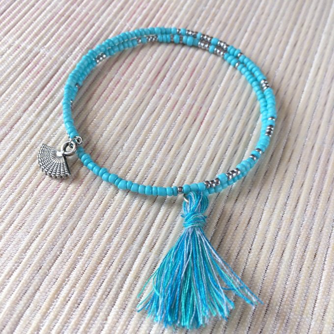 Bracelet circulaire en perles de rocailles bleu et argent, code morse, éventail