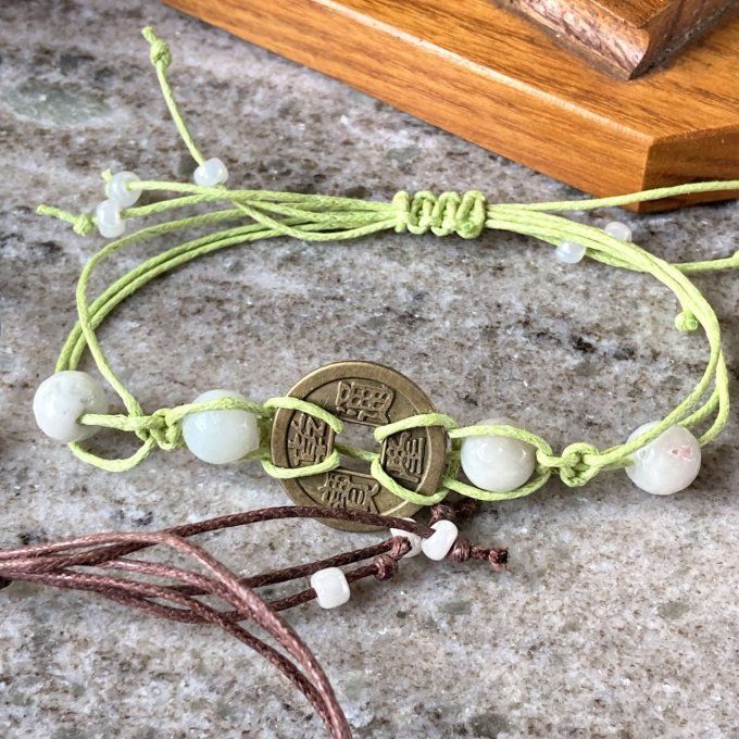 Bracelet pièce chance, perles Amazonite, sur coton ciré