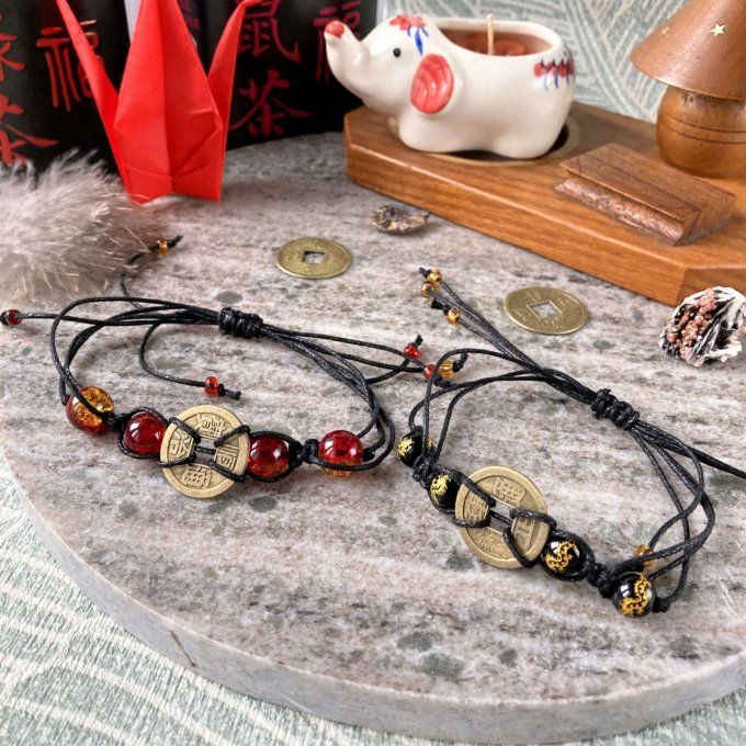 Bracelets pièce chance, perles verre rouges & dorées ou noir & dragon