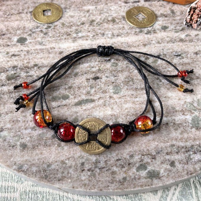 Bracelets pièce chance, perles verre rouges & dorées ou noir & dragon