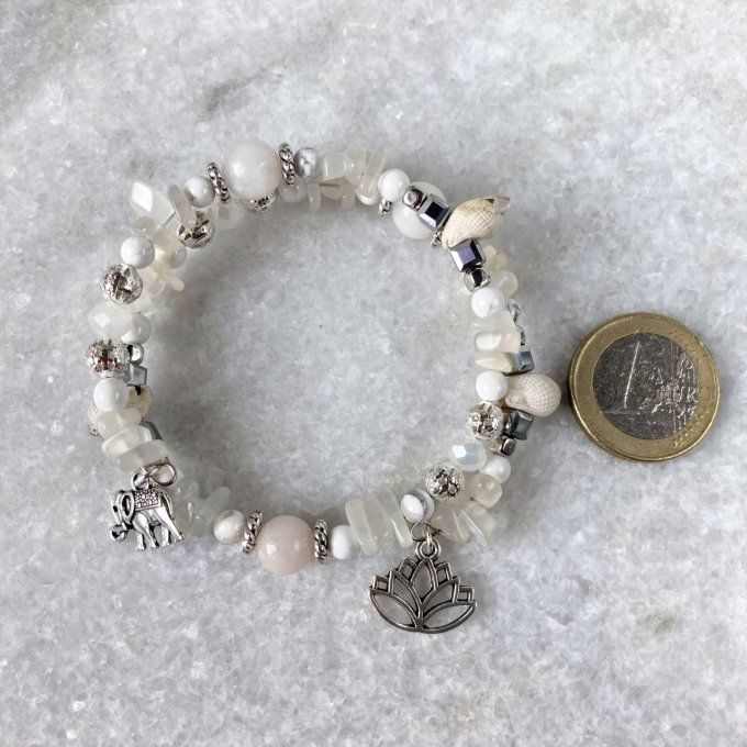 Bracelet Jonc en Pierre de Lune Blanche et Orangée, perles, coquillages, breloques lotus & éléphant