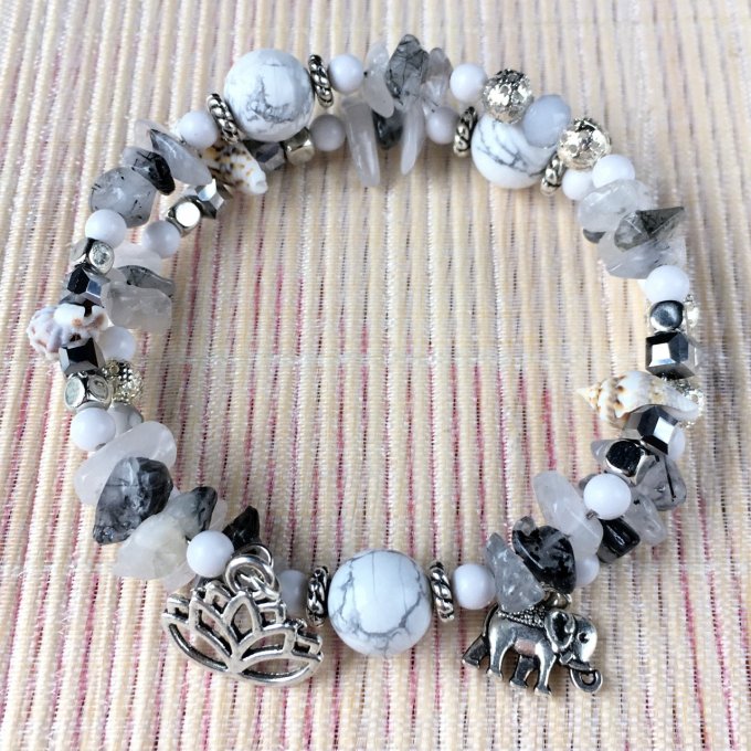 Bracelet Jonc en Quartz Blanc, perles, coquillages, breloques lotus & éléphant