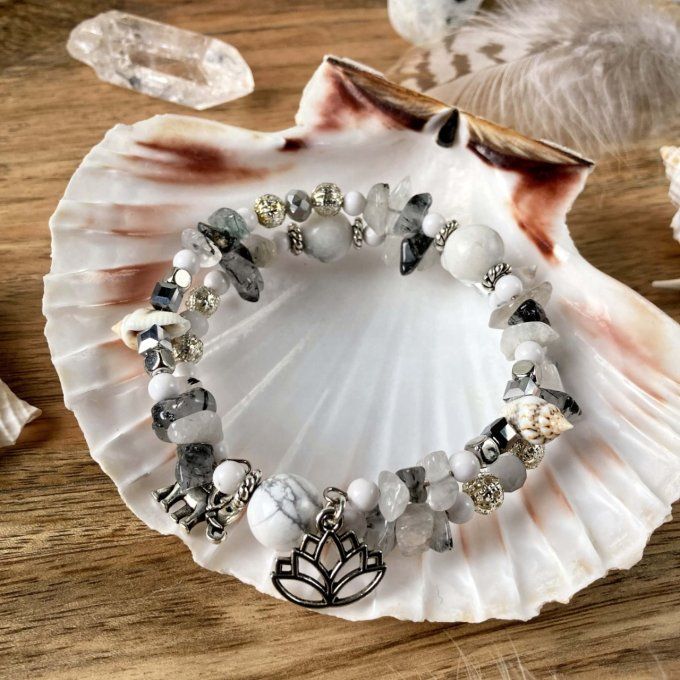 Bracelet Jonc en Quartz Blanc, perles, coquillages, breloques lotus & éléphant