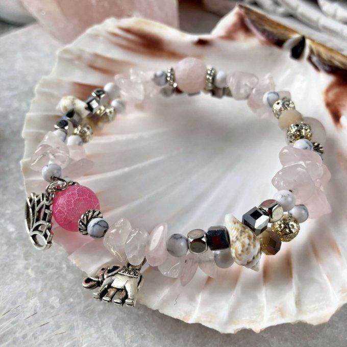 Bracelet Jonc en Quartz Rose, perles, coquillages, breloques lotus & éléphant