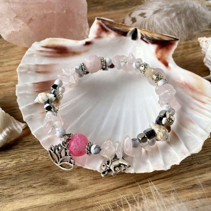 Bracelet Jonc en Quartz Rose, perles, coquillages, breloques lotus & éléphant
