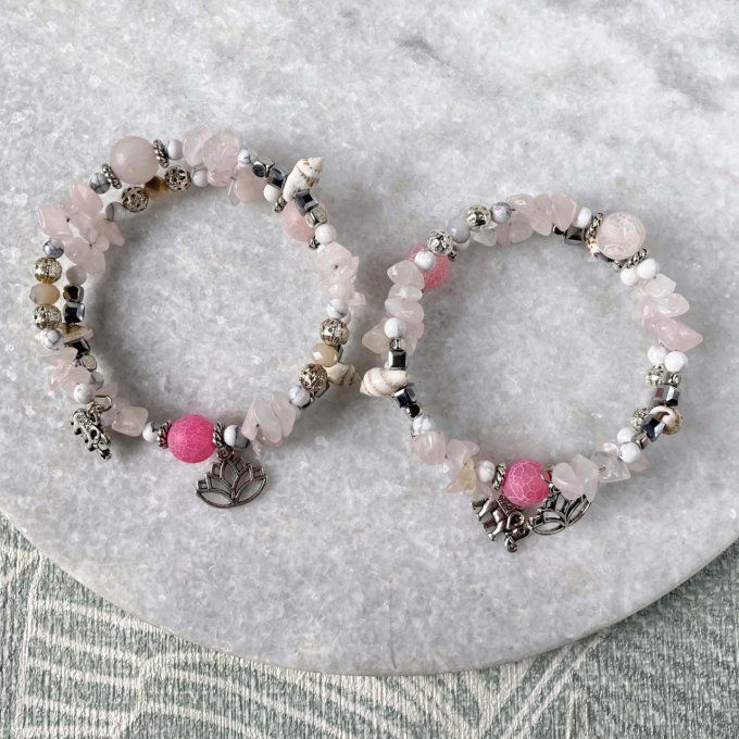 Bracelet Jonc en Quartz Rose, perles, coquillages, breloques lotus & éléphant