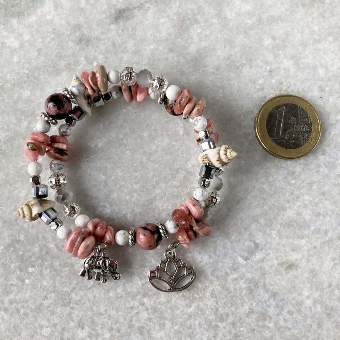 Bracelet Jonc en Rhodochrosite, perles, coquillages, breloques lotus & éléphant 