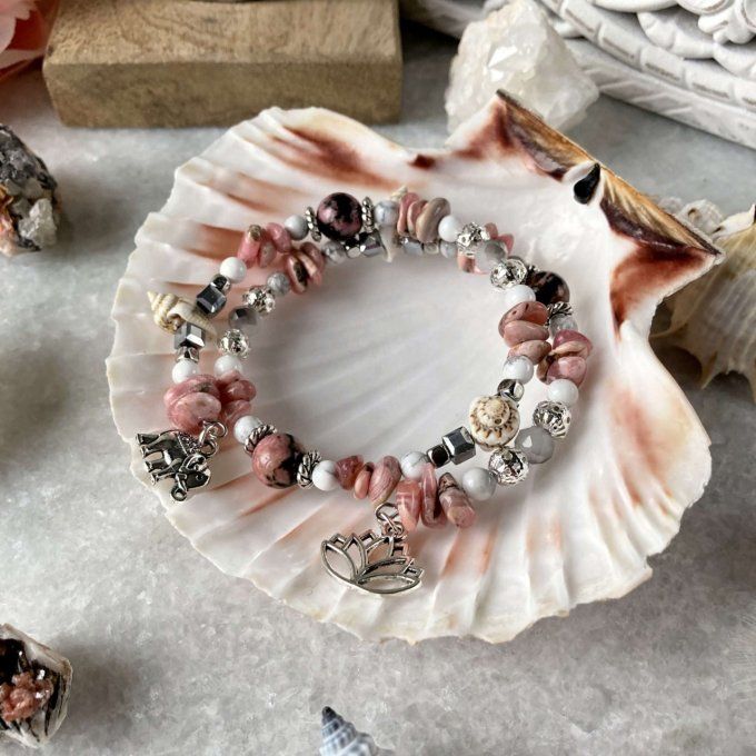 Bracelet Jonc en Rhodochrosite, perles, coquillages, breloques lotus & éléphant 