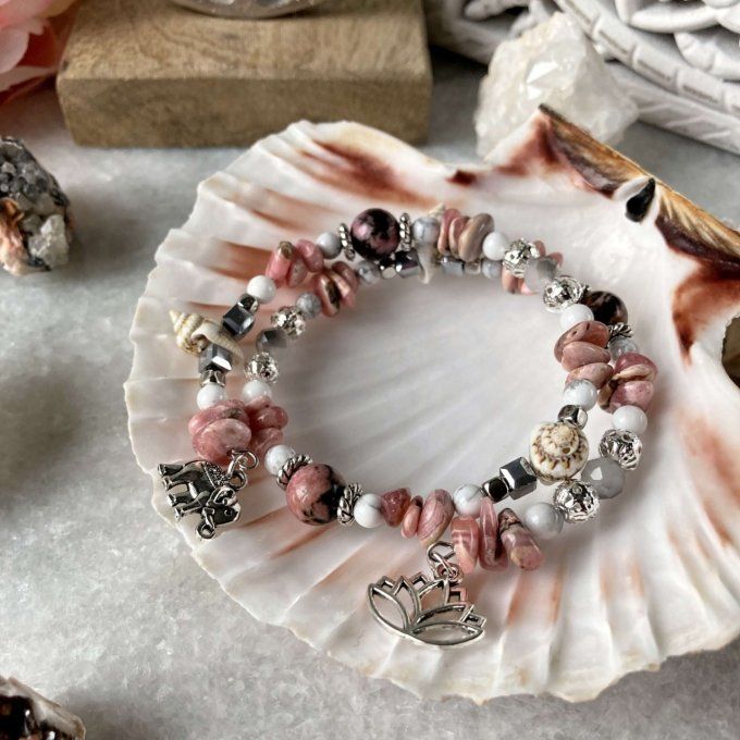 Bracelet Jonc en Rhodochrosite, perles, coquillages, breloques lotus & éléphant 