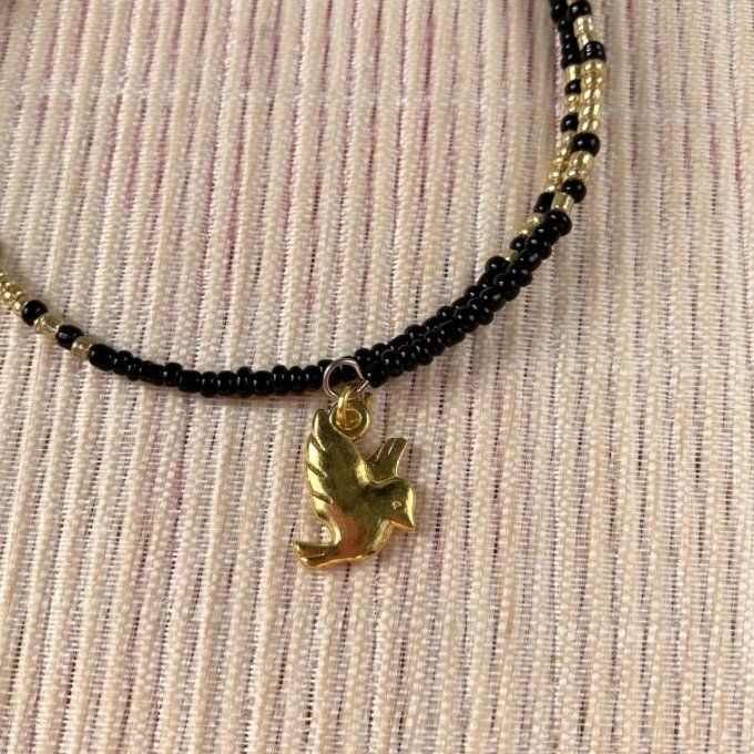Bracelet circulaire en perles de rocailles noir et doré, oiseau