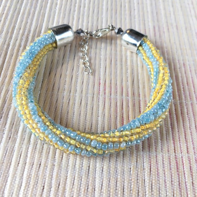 Bracelet rocailles bleu et jaune, torsade russe