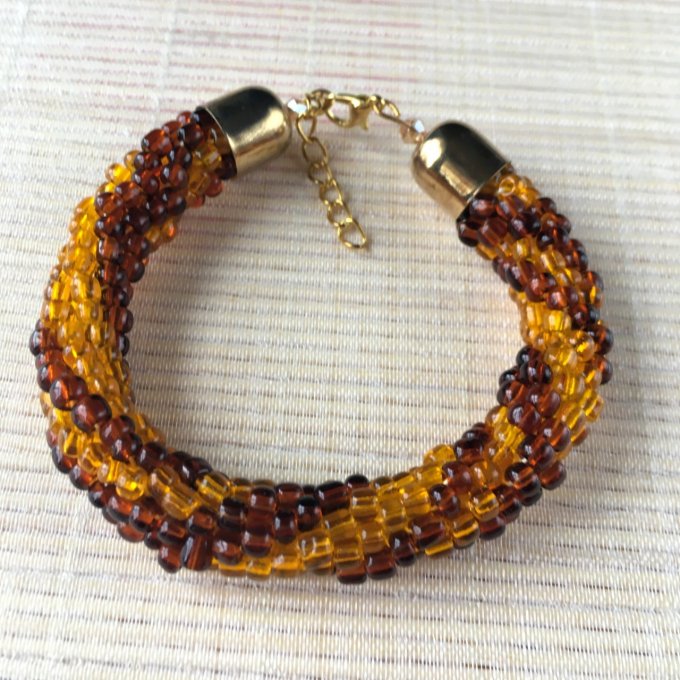 Bracelet grosses rocailles marron et orange, torsade russe