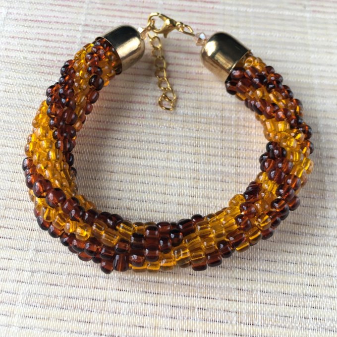 Bracelet grosses rocailles marron et orange, torsade russe