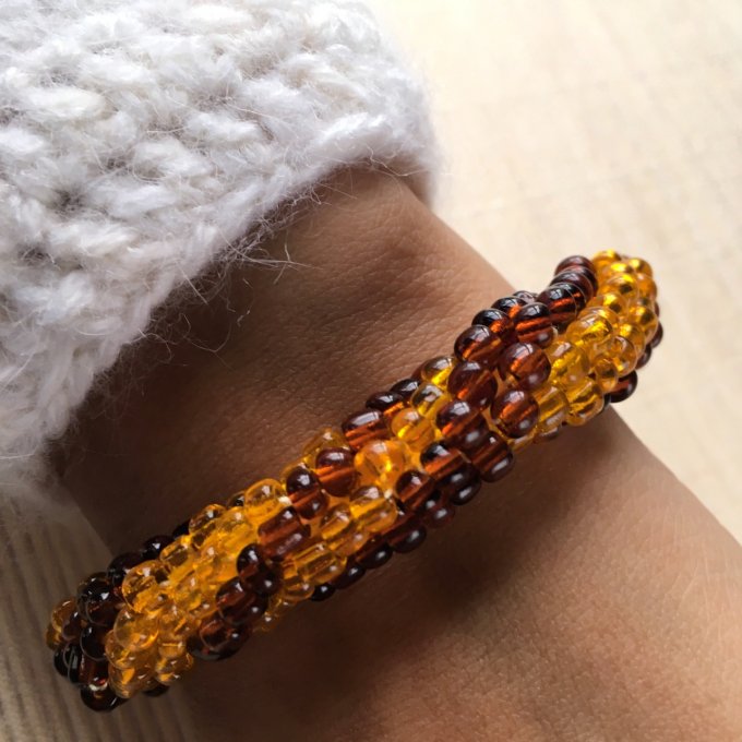 Bracelet grosses rocailles marron et orange, torsade russe