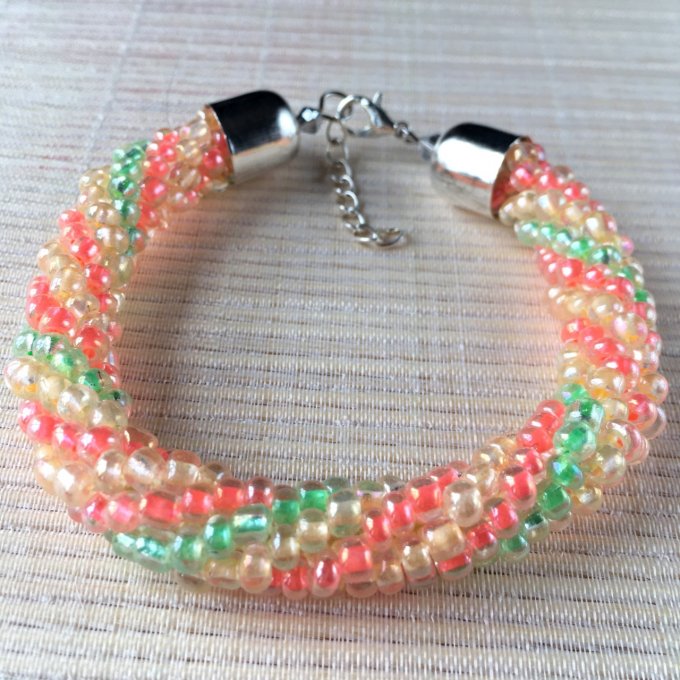 Bracelet grosses rocailles jaunes, oranges et vertes, torsade russe