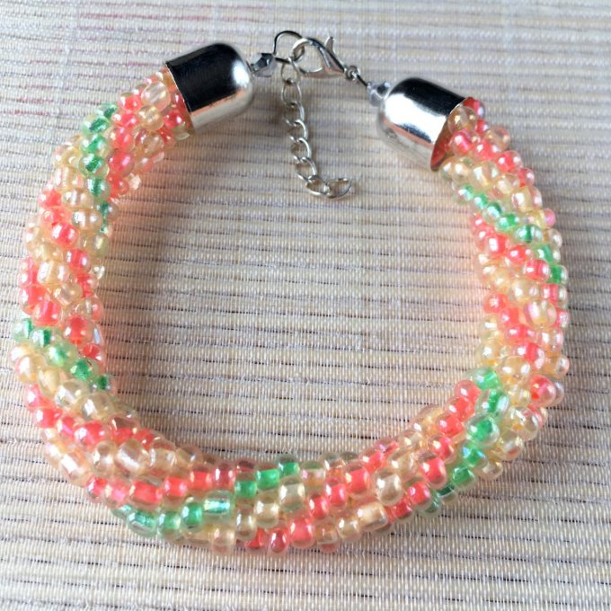 Bracelet grosses rocailles jaunes, oranges et vertes, torsade russe