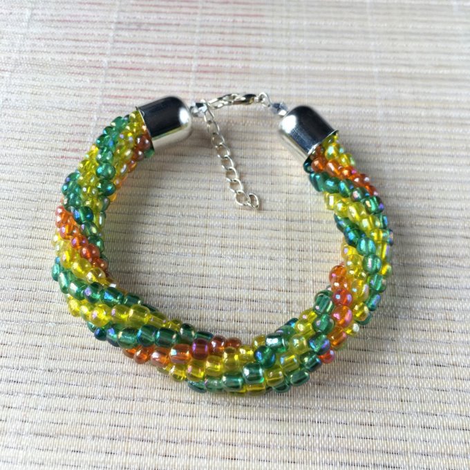 Bracelet grosses rocailles vert, jaune et orange, torsade russe
