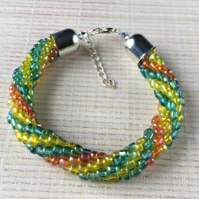 Bracelet grosses rocailles vert, jaune et orange, torsade russe