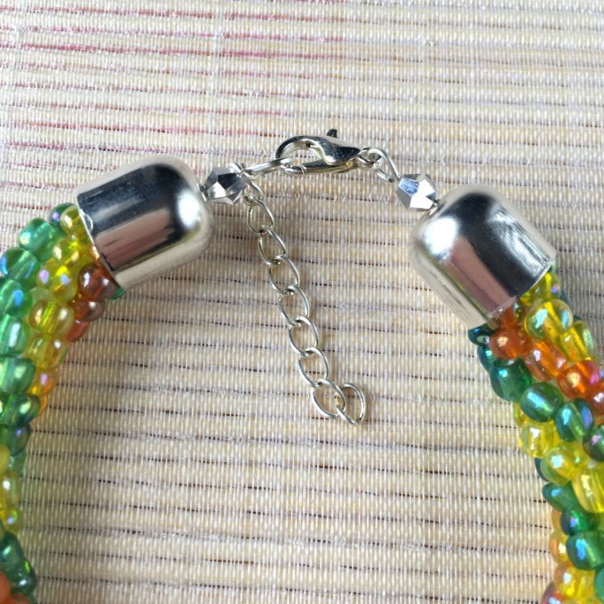 Bracelet grosses rocailles vert, jaune et orange, torsade russe