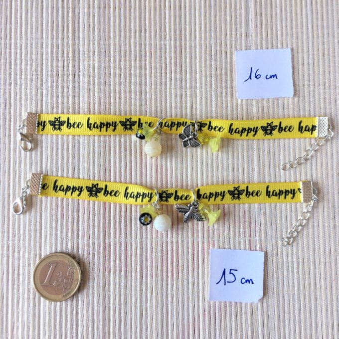 Bracelet 15cm & 16cm, ruban jaune et noir bee happy