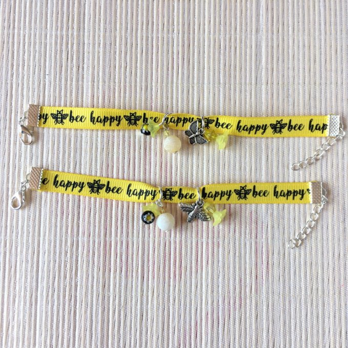 Bracelet 15cm & 16cm, ruban jaune et noir bee happy