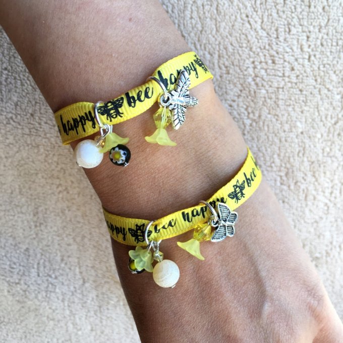 Bracelet 15cm & 16cm, ruban jaune et noir bee happy