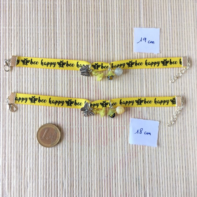 Bracelet 18cm & 19cm, ruban jaune et noir, bee happy