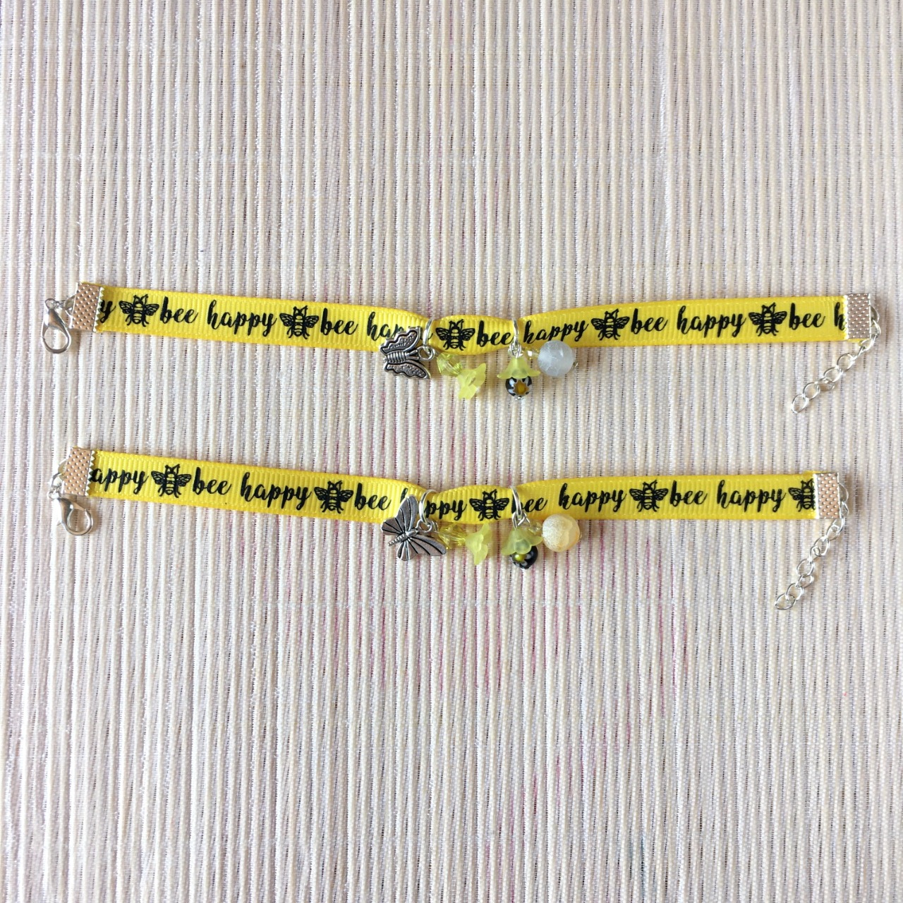 Bracelet 18cm & 19cm, ruban jaune et noir, bee happy