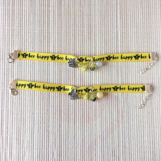 Bracelet 18cm & 19cm, ruban jaune et noir, bee happy