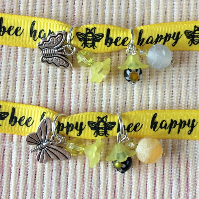 Bracelet 18cm & 19cm, ruban jaune et noir, bee happy