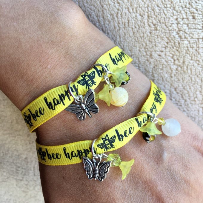 Bracelet 18cm & 19cm, ruban jaune et noir, bee happy