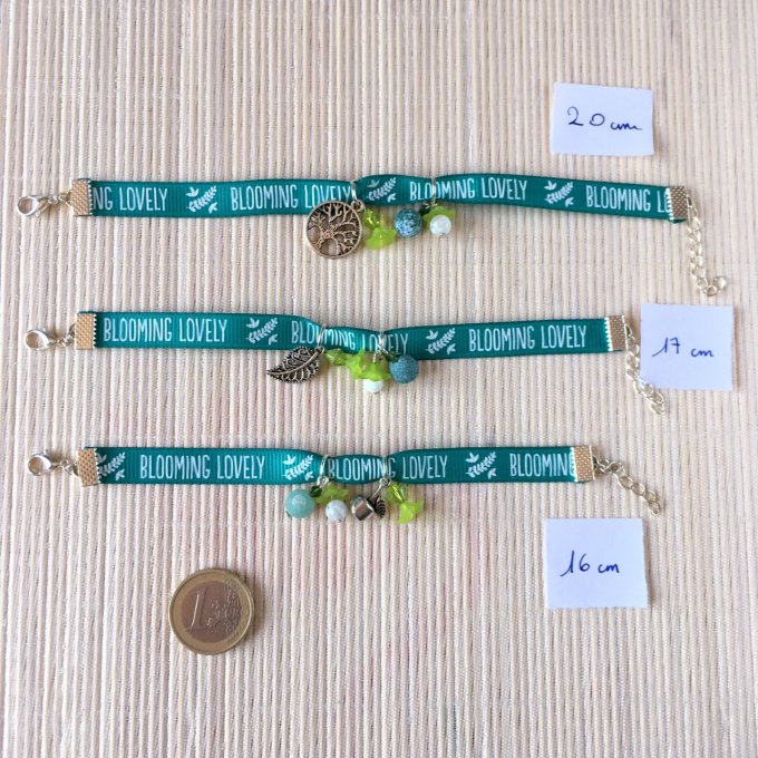 Bracelet 16cm & 17cm & 20cm, ruban vert et blanc, blooming lovely