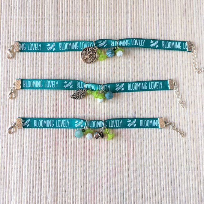 Bracelet 16cm & 17cm & 20cm, ruban vert et blanc, blooming lovely