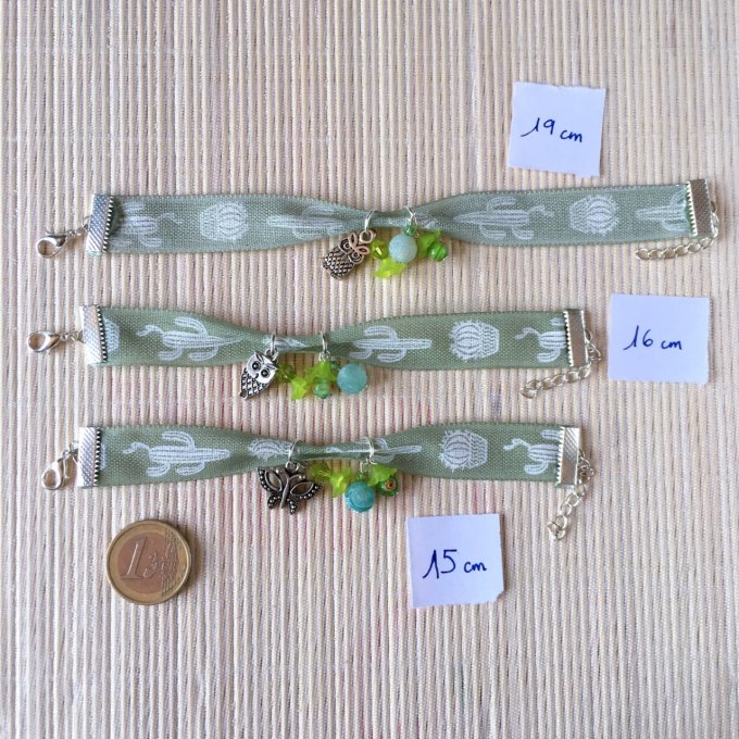 Bracelet 15cm & 16cm & 19cm, ruban vert, cactus