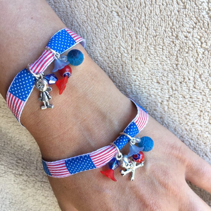 Bracelet 18cm & 19cm, ruban bleu rouge, drapeau Américain
