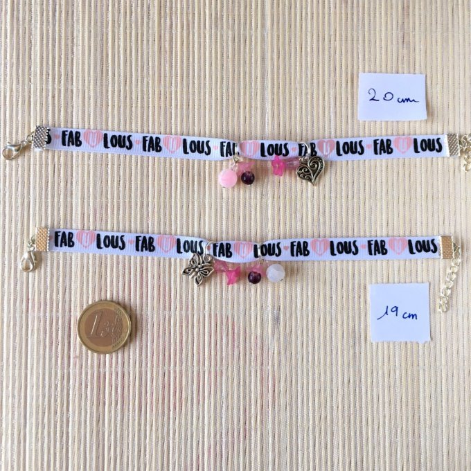 Bracelet 19cm & 20cm, ruban blanc, rose et noir, Fabulous