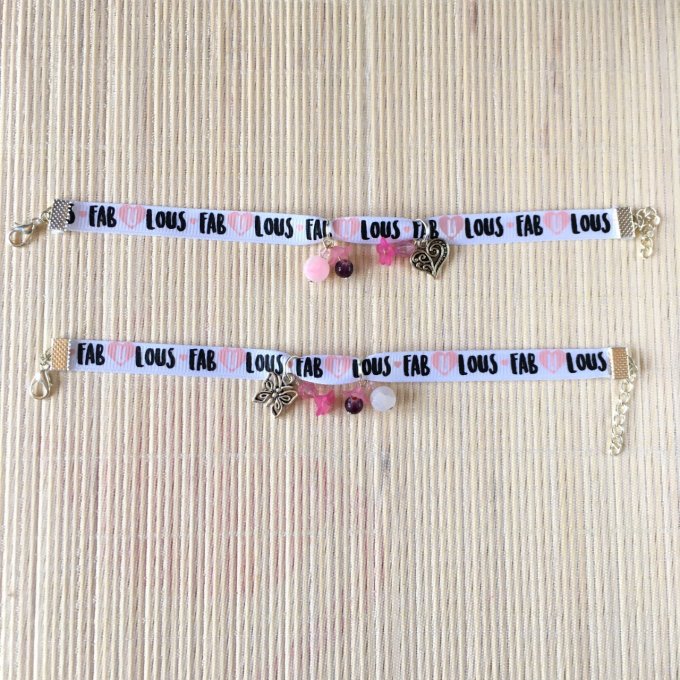 Bracelet 19cm & 20cm, ruban blanc, rose et noir, Fabulous