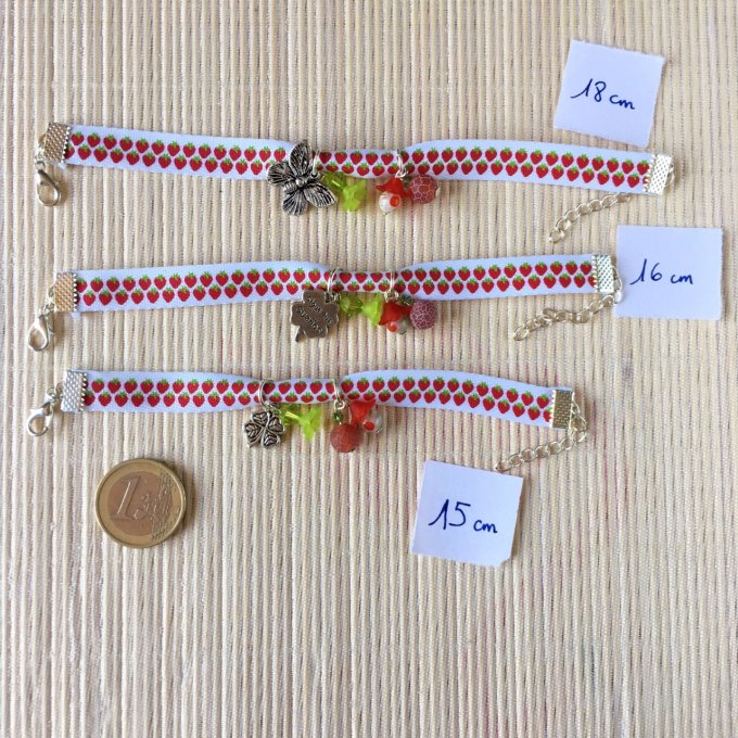 Bracelet 15cm & 16cm & 18cm, ruban blanc et rouge, Fraises