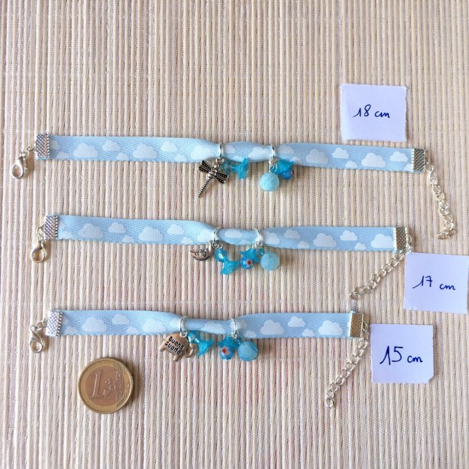 Bracelet 15cm & 17cm & 18cm, ruban bleu et blanc, nuages