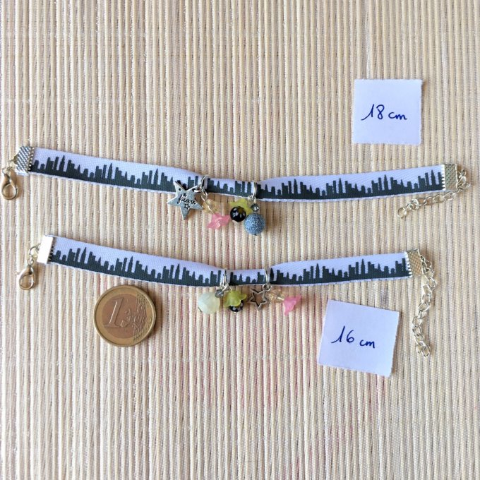 Bracelet 16cm & 18cm, ruban blanc et gris, Skyline